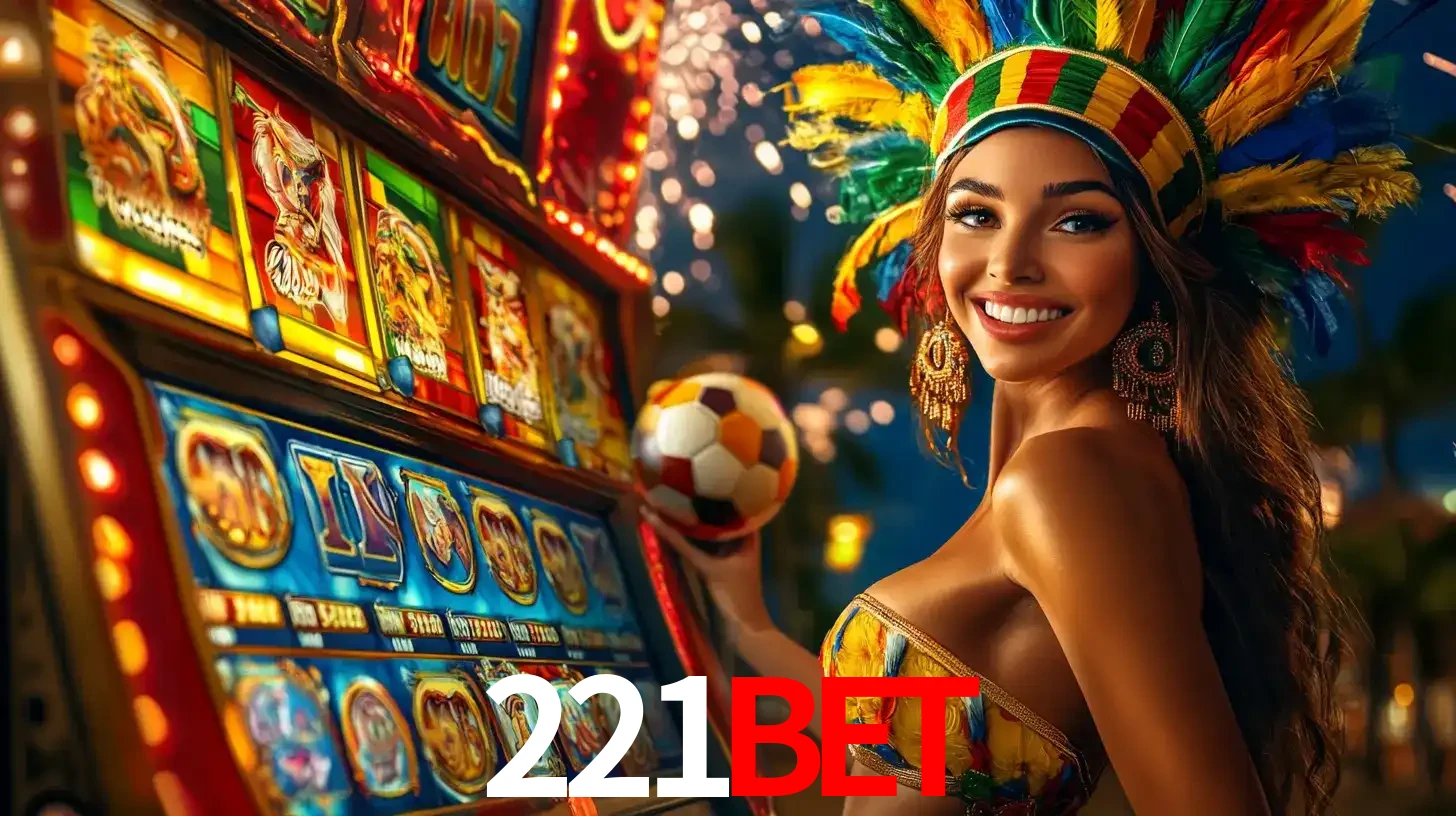 Mulher com um cocar de carnaval ao lado de uma máquina de caça-níqueis enquanto segura uma bola de futebol, mostrando a união da diversão de cassino e esportes no 221bet.