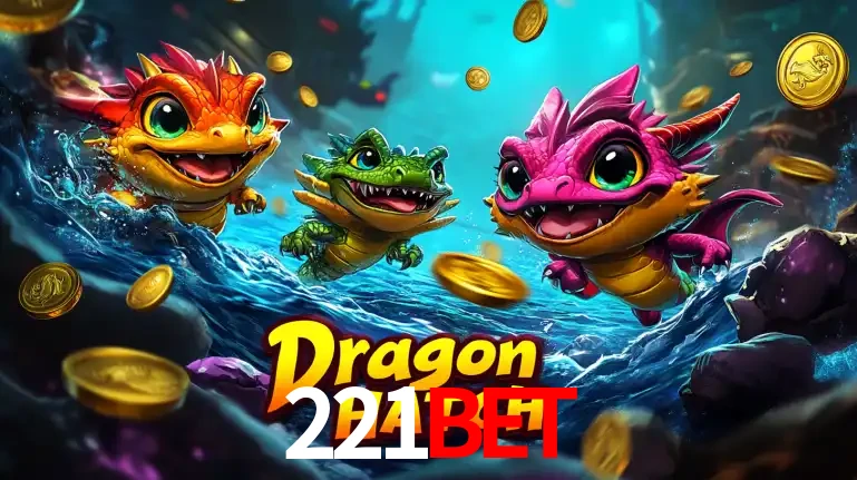 Arte promocional do jogo Dragon Hatch com três adoráveis dragões bebês nadando entre moedas de ouro, um dos slots mais divertidos para jogar no cassino 221bet.
