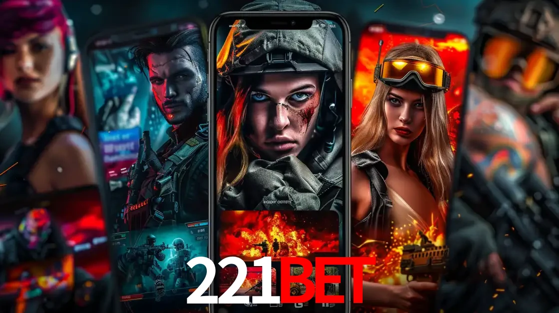 Montagem de telas de celular mostrando diversos personagens, masculinos e femininos, de um jogo de tiro, ilustrando a diversidade de equipes de e-sports para apostar no 221bet.