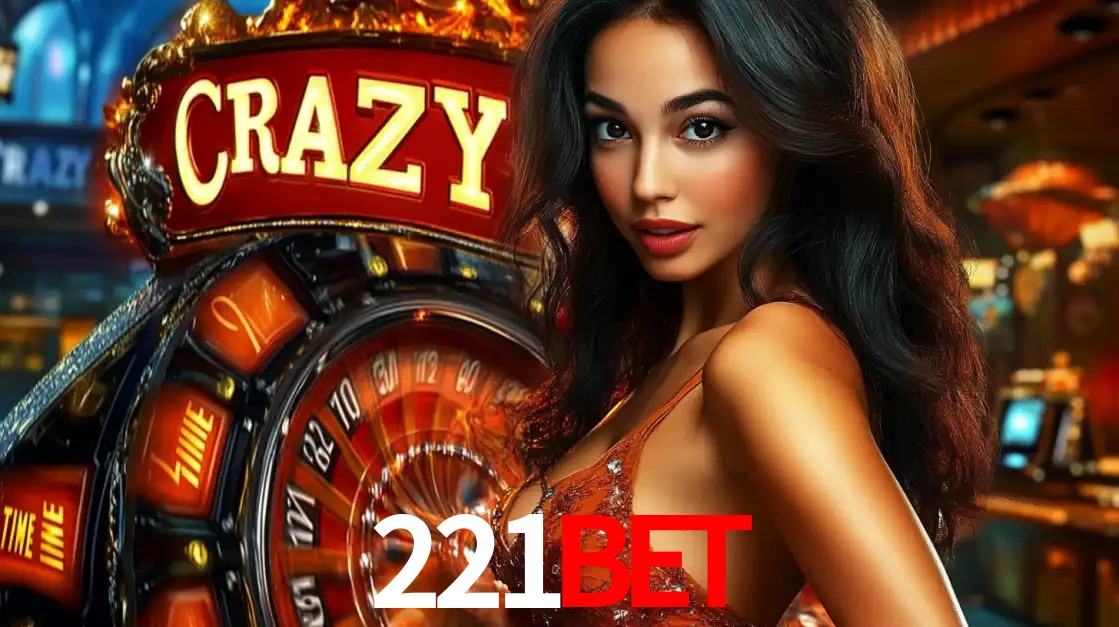 Mulher glamourosa olhando para a câmera com a roda vermelha do Crazy Time ao fundo em um ambiente de cassino, destacando a emoção dos jogos ao vivo no 221bet.
