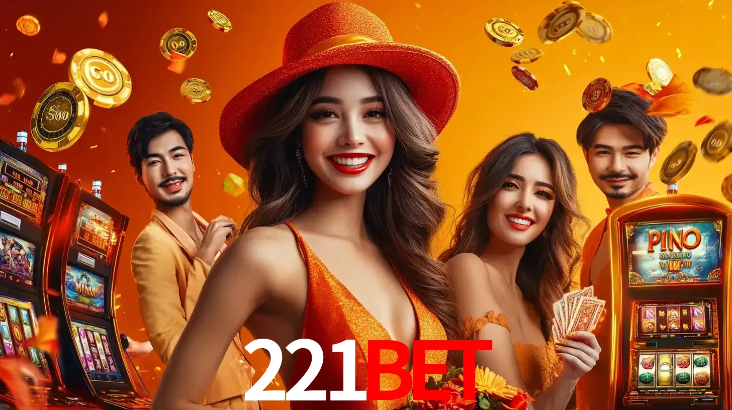 Grupo de amigos asiáticos sorrindo e se divertindo com máquinas de caça-níqueis em um ambiente festivo, celebrando suas vitórias nos jogos de cassino do 221bet.
