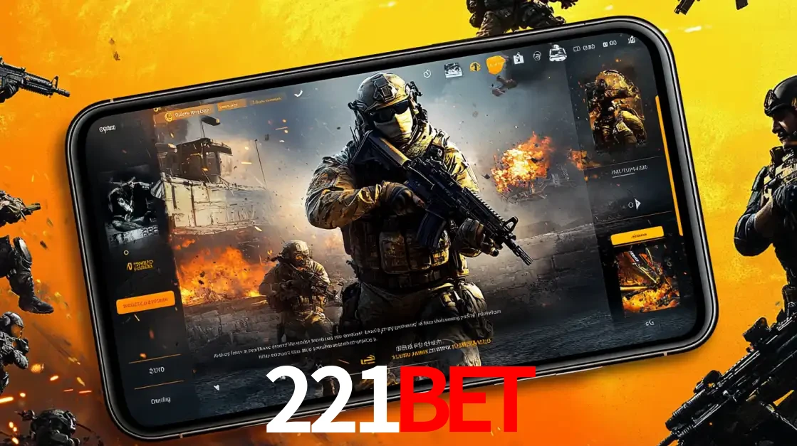 Um smartphone exibindo a interface de um jogo de tiro em primeira pessoa, com um soldado em um cenário de batalha, representando a ação dos e-sports para apostar no 221bet.