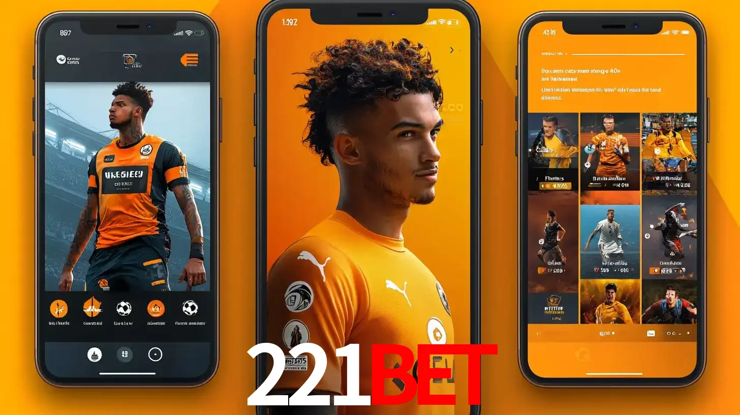 Interface do aplicativo de apostas esportivas 221bet em três telas de celular, mostrando o perfil de um jogador de futebol e a lista de jogos disponíveis para apostar.