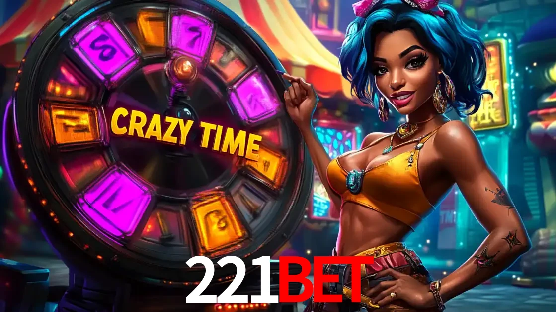Mulher estilizada com cabelo azul e visual vibrante posando ao lado da roda de prêmios do game show Crazy Time, convidando para a diversão e os bônus do cassino 221bet.
