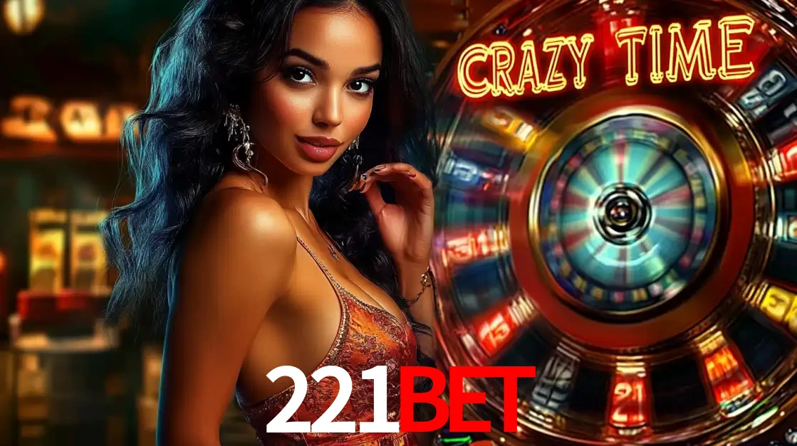 Mulher elegante ao lado da vibrante roda da fortuna do jogo de cassino ao vivo Crazy Time, um dos game shows mais populares e cheios de prêmios do 221bet.