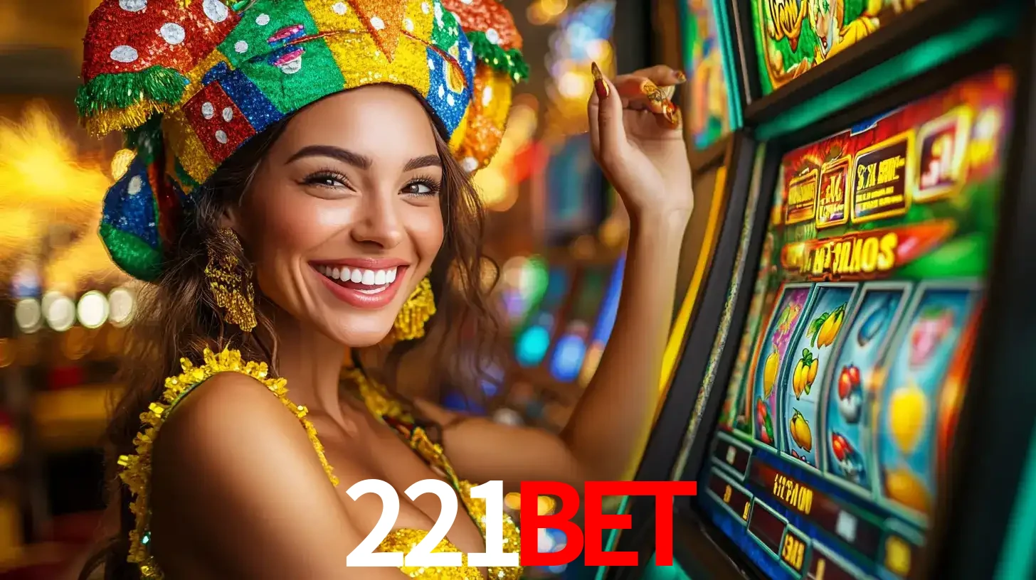 Mulher feliz com traje de carnaval amarelo e colorido ao lado de uma máquina de caça-níqueis, aproveitando a diversão e os jogos temáticos do cassino 221bet.
