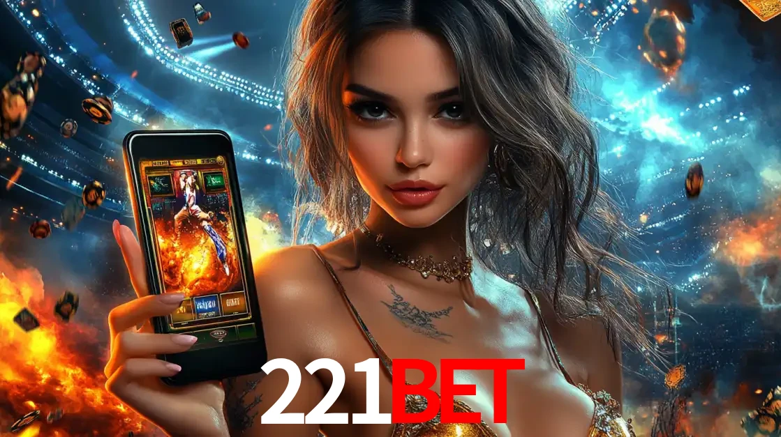 Mulher segurando um celular com um jogo de slot em destaque, tendo como fundo um estádio vibrante, simbolizando a emoção de jogar no cassino móvel 221bet.